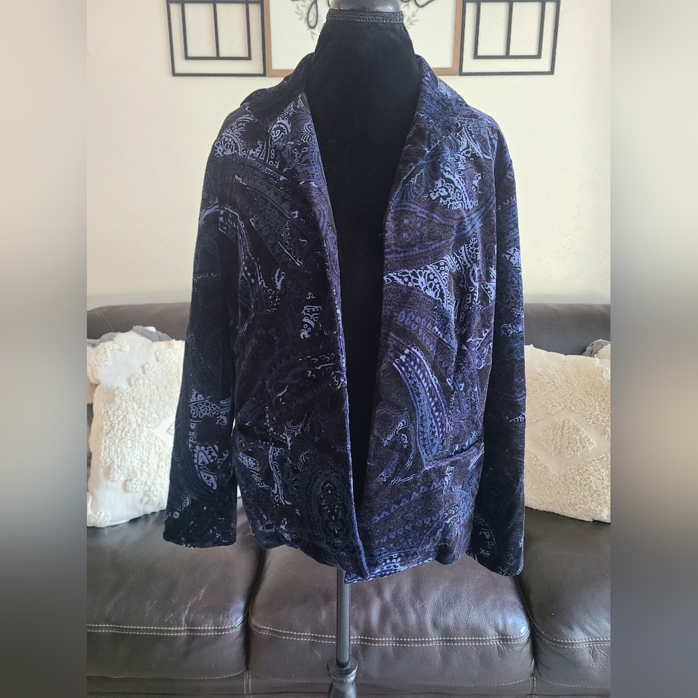 CHICO'S Velvet Blazer‎ Blue Paisley Design Open Front Size 0 / US 12